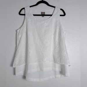 Chico's Sleeveless Top Women Sz 1(M/8)White Floral Embroidery Sheer Layered Tank